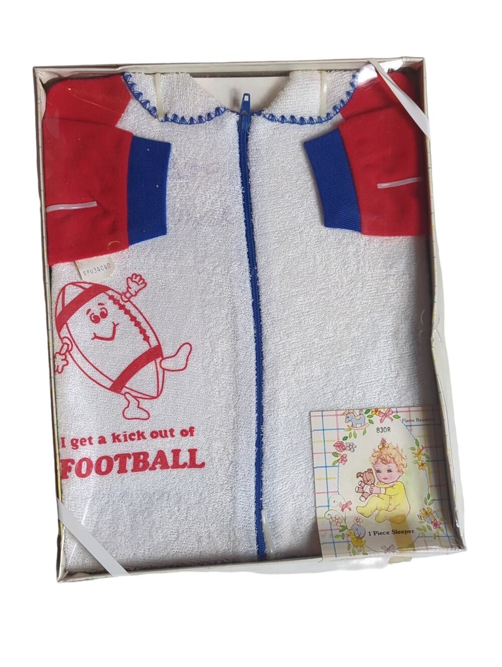 Vintage 80's Boy Baby Kids 1 Piece Sleeper Football - Size Birth to 11 lbs.